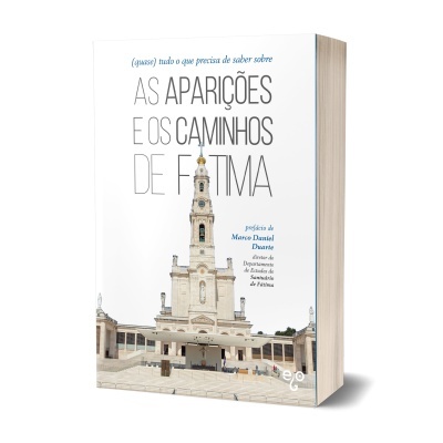 Livro sobre as aparições e os caminhos de Fátima com imagem do santuário na capa