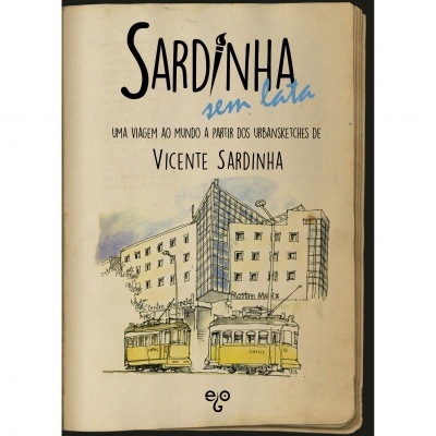 Capa de livro 'SARDINHA sem lata' com desenho de carreiras amarelas e edifícios