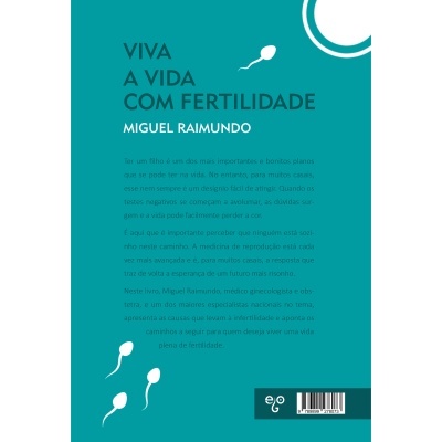 Contracapa de livro azul turquesa com título, autor, espermatozoides brancos e código de barras