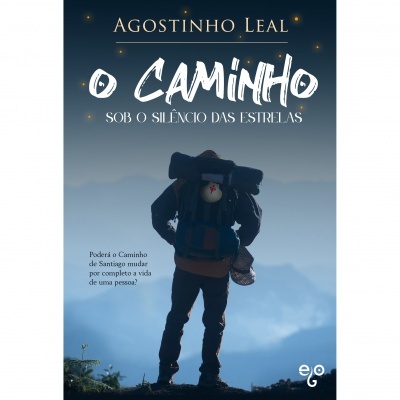 Capa de livro com pessoa de costas com mochila, céu estrelado e texto do título em branco.