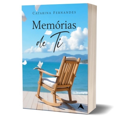 Capa do livro Memórias de Ti com cadeira de baloiço à beira-mar