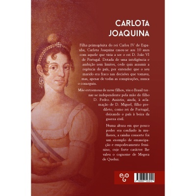 Capa de livro vermelho com pintura de mulher histórica e texto sobre Carlota Joaquina
