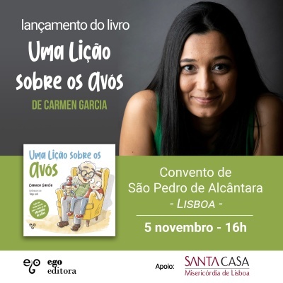 Cartaz lançamento do livro Uma Lição sobre os Avós com fotografia da autora e ilustração da capa do livro