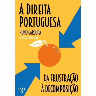 Capa de livro 'A DIREITA PORTUGUESA' com ilustração de laranja e setas azuis
