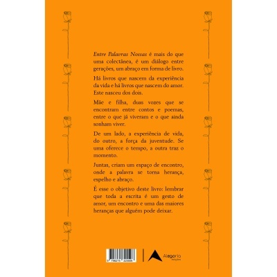 Contracapa de livro laranja com texto em português, rosas desenhadas nas laterais e logotipo da editora