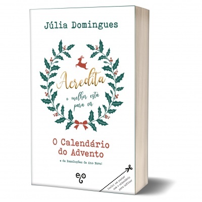 Capa de livro branca com texto e grinalda decorativa verde e vermelha