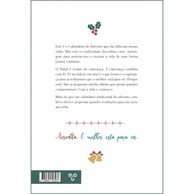 Parte traseira de livro com texto em português, decoração de azevinho e sinos, código de barras e logotipo.