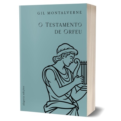 Capa de livro azul com ilustração preta de figura clássica a tocar instrumento
