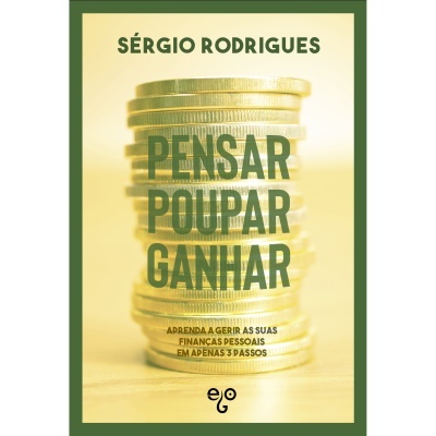 Livro 'Pensar Poupar Ganhar' com pilha de moedas douradas no centro e texto informativo