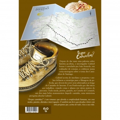 Botas castanhas de caminhada e mapa dobrado do Caminho de Inverno com texto explicativo em português.