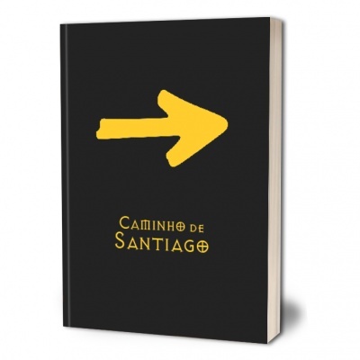 Livro capa preta com seta amarela e texto Caminho de Santiago