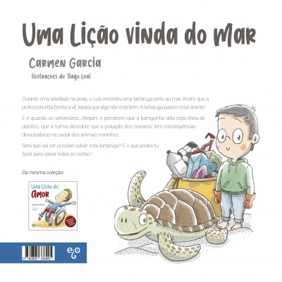 Capa de livro infantil com ilustração de criança, tartaruga e lixo