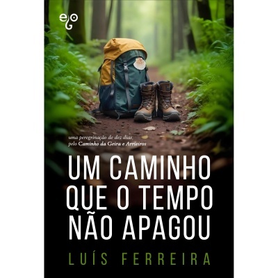 Capa de livro mostranto mochila e botas de caminhada na floresta com texto e título