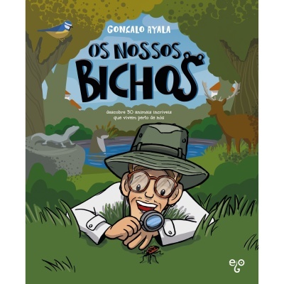 Capa de livro 'Os Nossos Bichos' com ilustração de homem a observar inseto na natureza