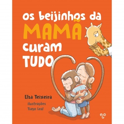 Capa de livro infantil com macaco, mulher e girafa, fundo laranja e texto branco e amarelo