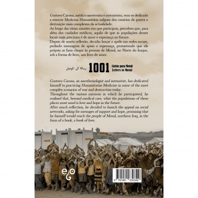 Contracapa do livro 1001 Cartas para Mosul com texto descritivo e fotografia de crianças num cenário urbano em ruínas.