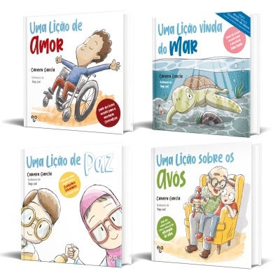 Quatro livros infantis com capas ilustradas e títulos em português.