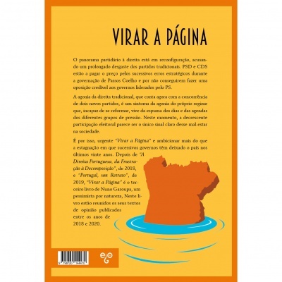 Capa de livro laranja e amarelo com texto e mapa de Portugal submerso em água
