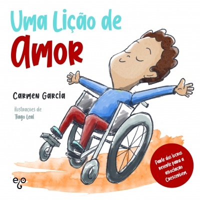 Capa de livro Uma Lição de Amor com criança em cadeira de rodas e texto em cores variadas.