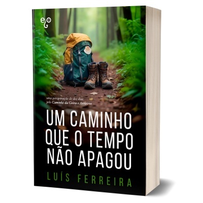 Livro com capa de mochila e botas num caminho florestal com texto em português