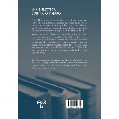 Contracapa do livro 'UMA BIBLIOTECA CONTRA O INFERNO' com texto descritivo, fundo azul e código de barras.