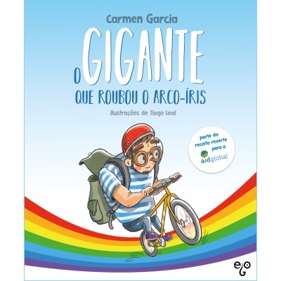 Capa de livro com título, ilustração de menino de bicicleta e faixa arco-íris
