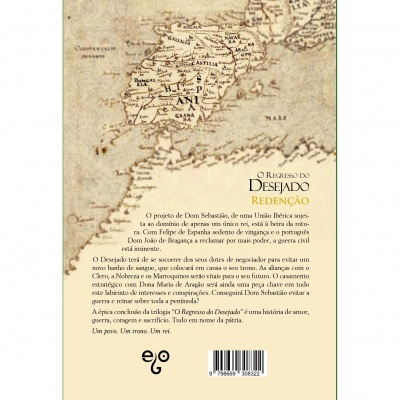 Parte traseira de um livro com mapa antigo e texto descritivo em português