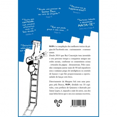 Capa de livro azul e branca com ilustração de formiga e citações em branco.