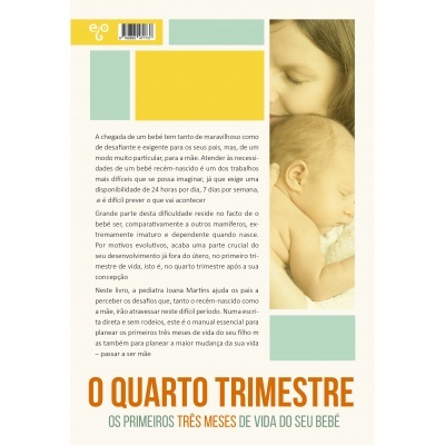 Página de livro com texto sobre o quarto trimestre e foto de mulher a abraçar bebé