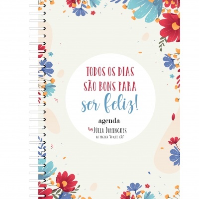 Agenda com capa branca e flores coloridas, texto inspirador no centro.