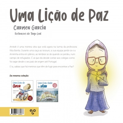 Capa de livro infantil Uma Lição de Paz com ilustração de menina de capuz amarelo e vestido azul