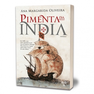 Capa do livro 'Pimenta da Índia' com ilustração de navio antigo e texto da autora Ana Margarida Oliveira