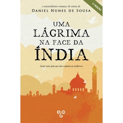 Capa do livro 'Uma lágrima na face da Índia' em tons laranja com silhueta de edifícios indianos