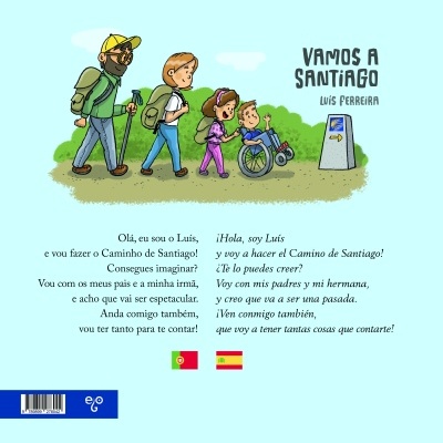 Capa traseira de livro ilustrado com personagens a caminhar e texto em português e espanhol.