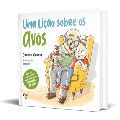 Capa do livro infantil 'Uma Lição sobre os avós' mostrando um avô e uma criança numa poltrona amarela