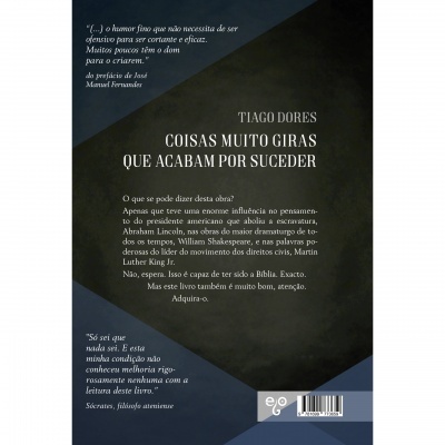 Contracapa do livro 'Coisas Muito Giras Que Acabam Por Suceder' de Tiago Dores com texto em branco sobre fundo azul e cinza.