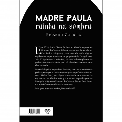 Capa de livro preta com texto branco e resumo da história