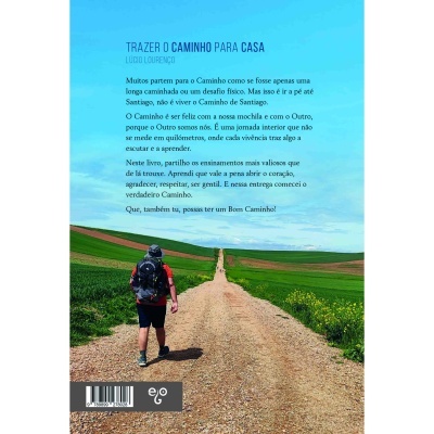 Capa de livro com pessoa a caminhar numa estrada de gravilha entre campos verdes e texto em português