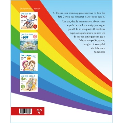 Contracapa de livro infantil com arco-íris colorido e capas de livros ao lado