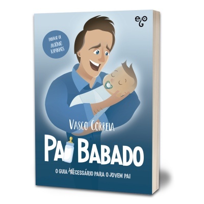 Livro 'Pai Babado' com ilustração de pai com bebé e texto no azul