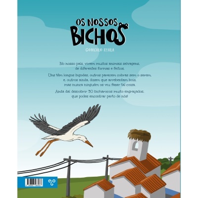 Capa do livro 'Os Nossos Bichos' com cegonha voando sobre telhados e torre de igreja