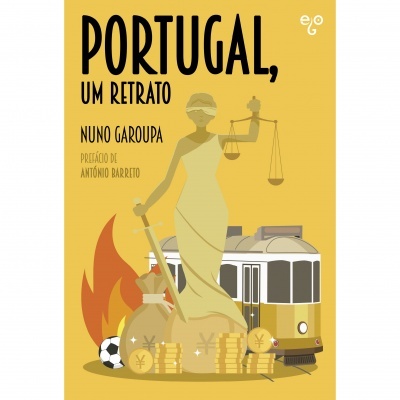 Capa do livro 'PORTUGAL, UM RETRATO' com figura da justiça, moedas, bola de futebol e elétrico amarelo