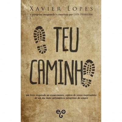 Capa de livro TEU CAMINHO com pegadas e texto em fundo castanho texturizado