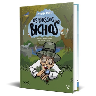 Capa do livro infantil 'Os Nossos Bichos' com ilustração de adulto a observar insetos