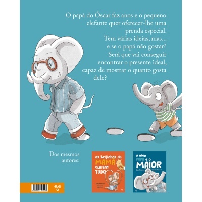 Ilustração de dois elefantes com texto em português e capas de livros infantis