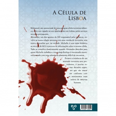 Contracapa do livro com mancha vermelha e texto em português