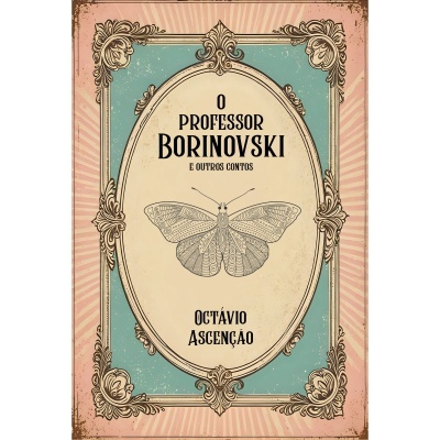Capa de livro vintage com moldura, borboleta e texto em português
