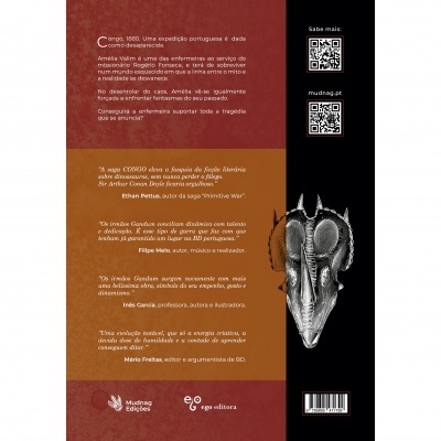 Capa de livro com texto em português, crânio de animal desenhado e código QR
