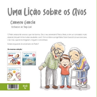 Capa de livro infantil com ilustrações de avós e neto, título e textos