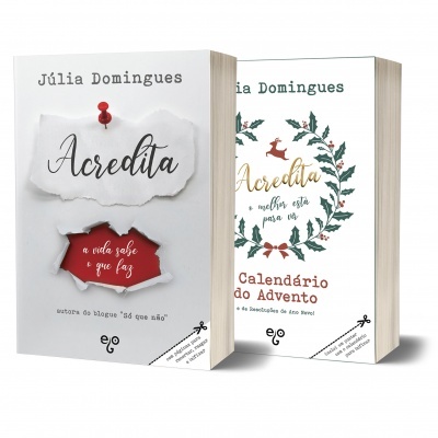 Dois livros de Júlia Domingues, um intitulado 'Acredita a vida sabe o que faz' com capa branca e vermelho, outro com tema de calendário do advento e ilustrações natalinas.